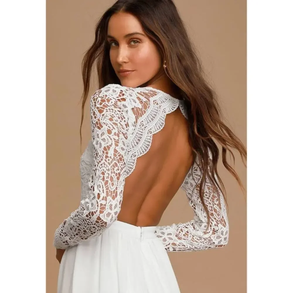 Lulus Awaken‎ My Love Maxi Dress Women’s XS White Lace Long Sleeve Bridal Formal